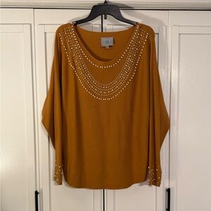 LIV Mustard Stud-Embellished Scoop Neck Knit Top